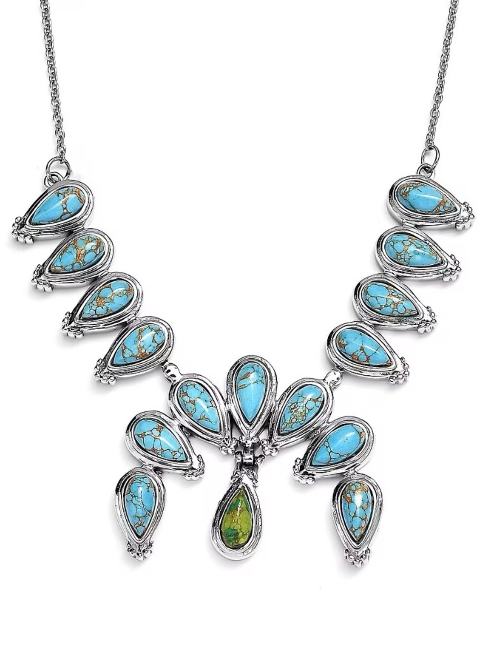 Mojave Green & BlueTurquoise Teardrop Statement Necklace - Silver Tone